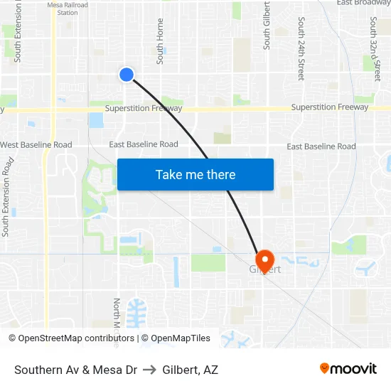 Southern Av & Mesa Dr to Gilbert, AZ map