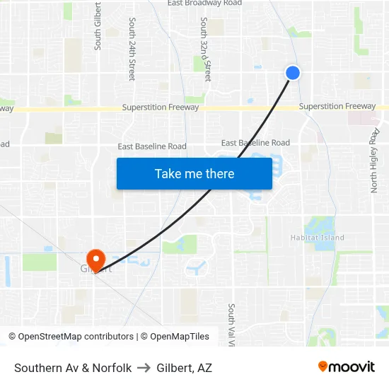 Southern Av & Norfolk to Gilbert, AZ map