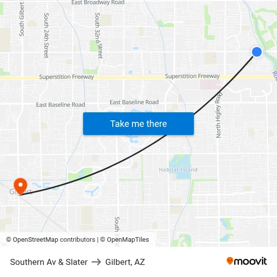 Southern Av & Slater to Gilbert, AZ map