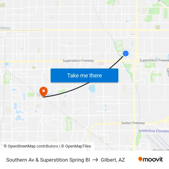 Southern Av & Superstition Spring Bl to Gilbert, AZ map