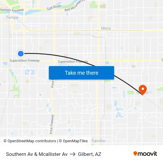 Southern Av & Mcallister Av to Gilbert, AZ map