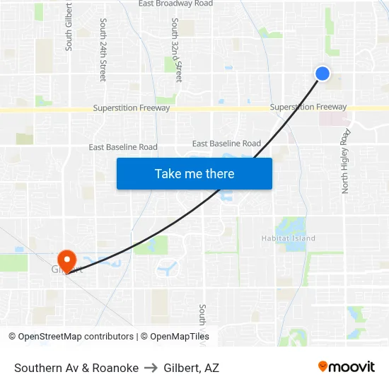 Southern Av & Roanoke to Gilbert, AZ map