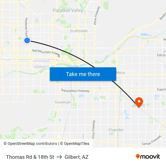 Thomas Rd & 18th St to Gilbert, AZ map