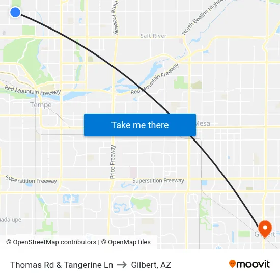 Thomas Rd & Tangerine Ln to Gilbert, AZ map