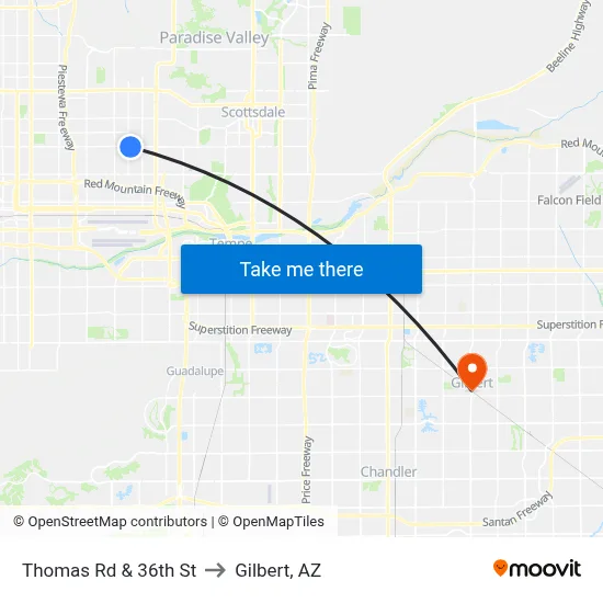 Thomas Rd & 36th St to Gilbert, AZ map