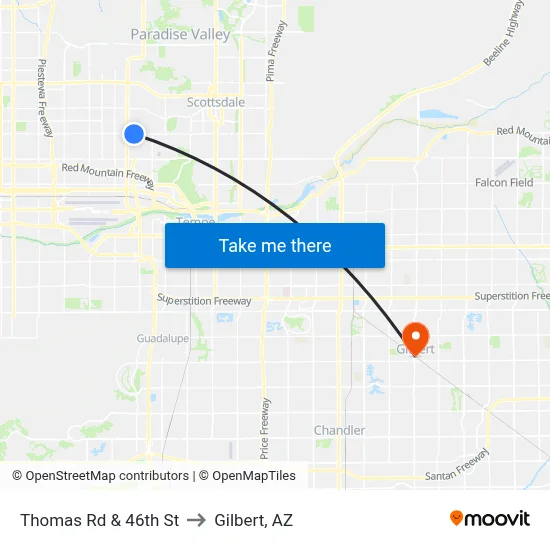Thomas Rd & 46th St to Gilbert, AZ map