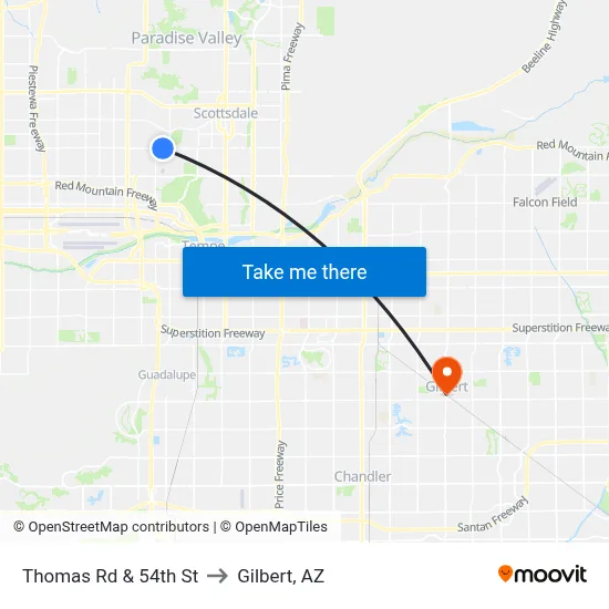 Thomas Rd & 54th St to Gilbert, AZ map