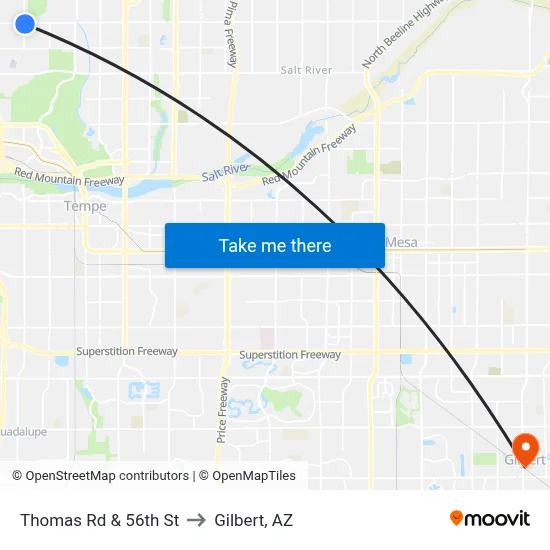 Thomas Rd & 56th St to Gilbert, AZ map