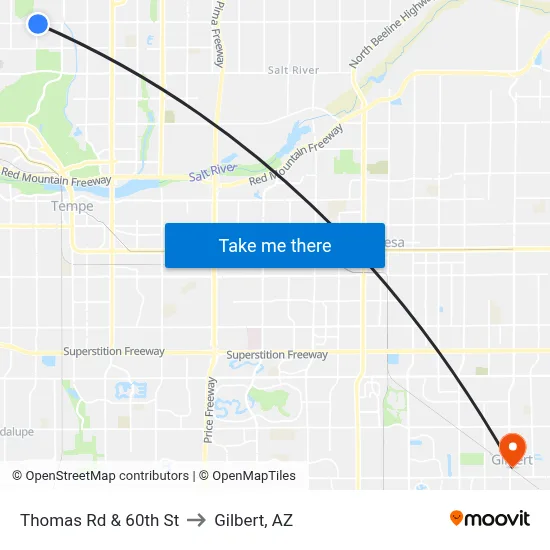 Thomas Rd & 60th St to Gilbert, AZ map