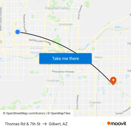 Thomas Rd & 7th St to Gilbert, AZ map