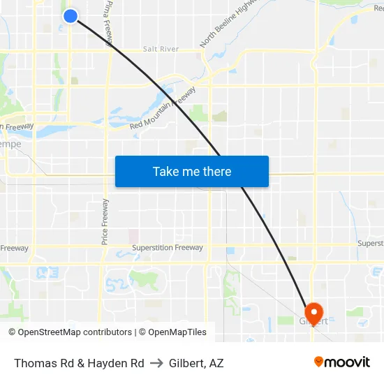 Thomas Rd & Hayden Rd to Gilbert, AZ map