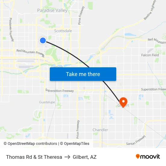 Thomas Rd & St Theresa to Gilbert, AZ map