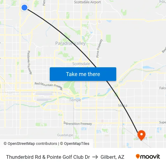 Thunderbird Rd & Pointe Golf Club Dr to Gilbert, AZ map