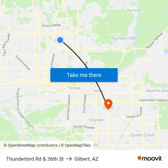 Thunderbird Rd & 36th St to Gilbert, AZ map