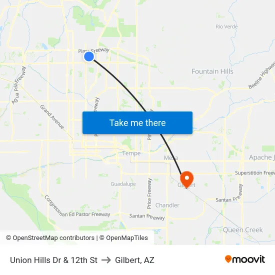 Union Hills Dr & 12th St to Gilbert, AZ map