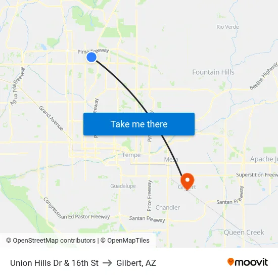 Union Hills Dr & 16th St to Gilbert, AZ map