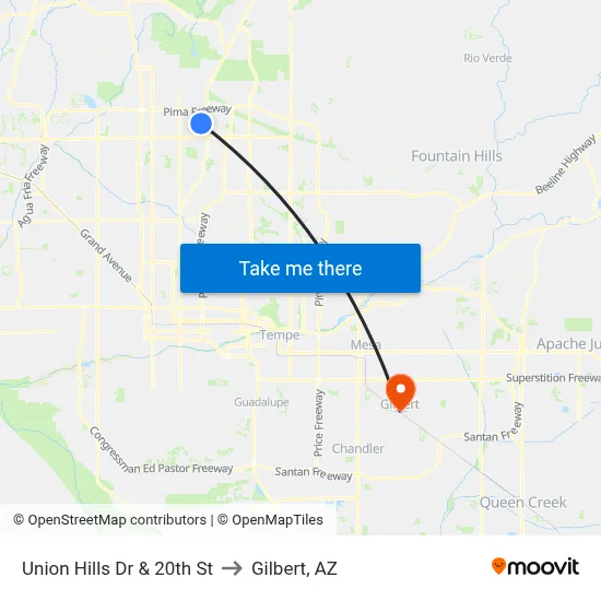 Union Hills Dr & 20th St to Gilbert, AZ map
