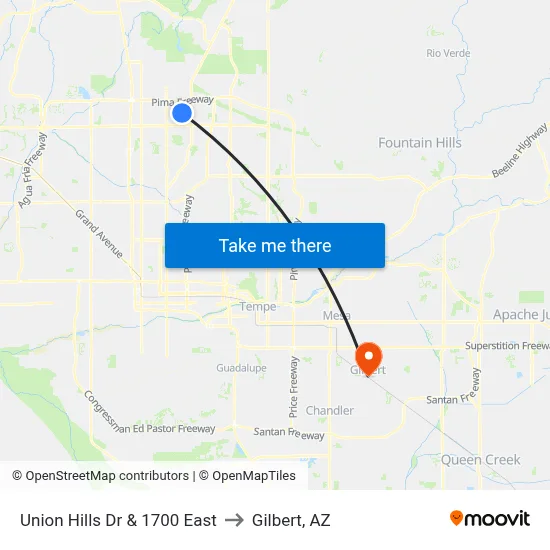 Union Hills Dr & 1700 East to Gilbert, AZ map