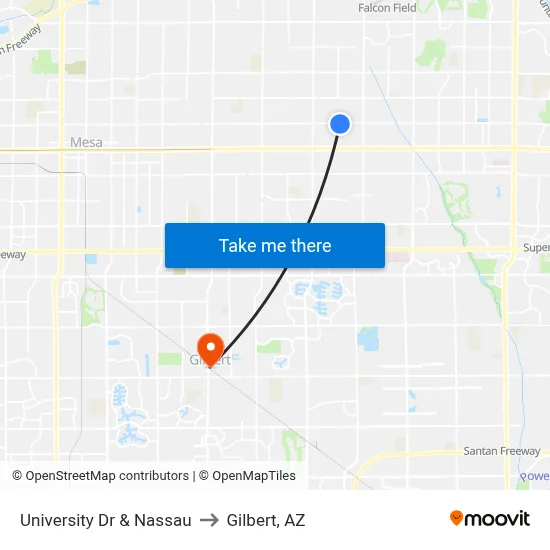 University Dr & Nassau to Gilbert, AZ map