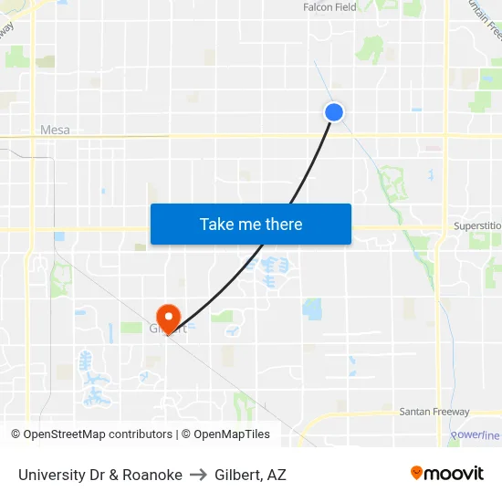University Dr & Roanoke to Gilbert, AZ map