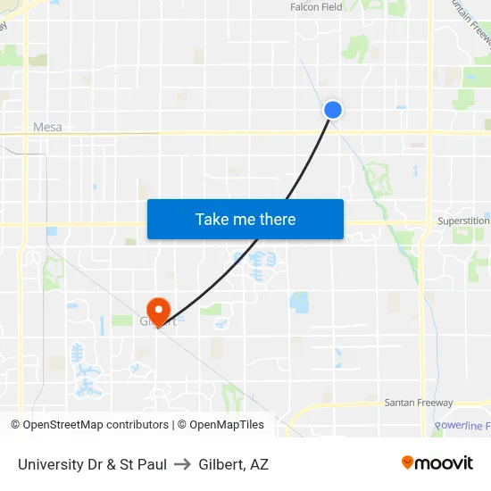 University Dr & St Paul to Gilbert, AZ map