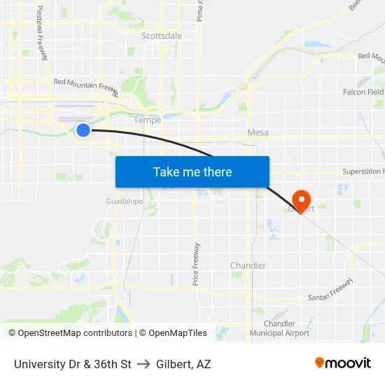 University Dr & 36th St to Gilbert, AZ map