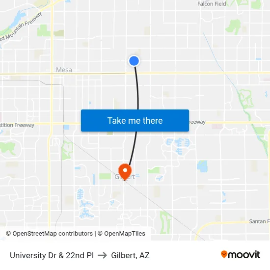 University Dr & 22nd Pl to Gilbert, AZ map