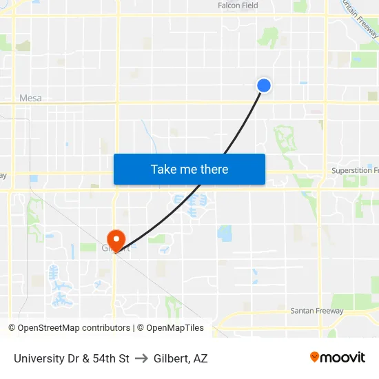 University Dr & 54th St to Gilbert, AZ map