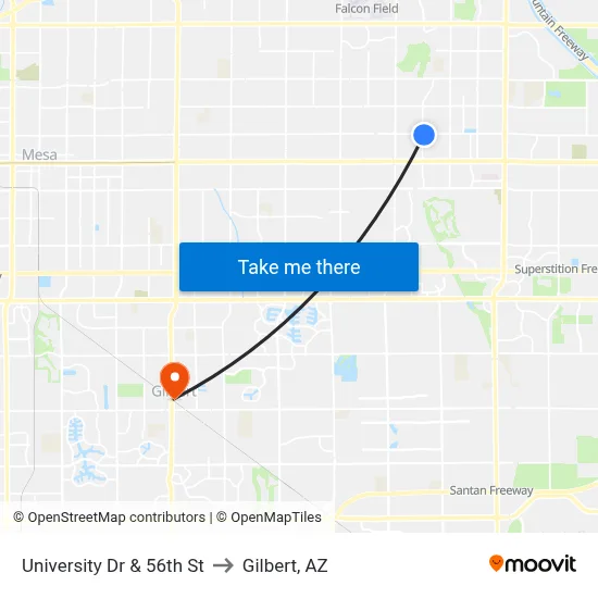 University Dr & 56th St to Gilbert, AZ map