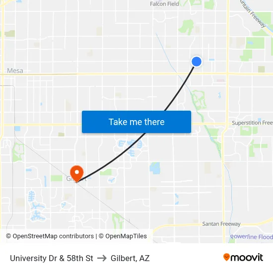 University Dr & 58th St to Gilbert, AZ map