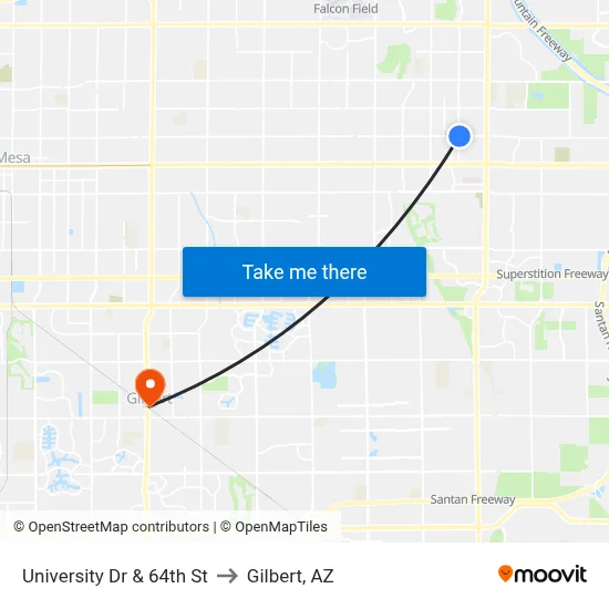 University Dr & 64th St to Gilbert, AZ map