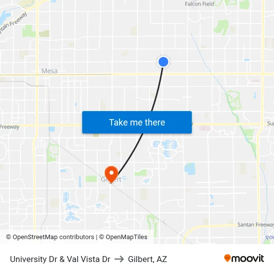 University Dr & Val Vista Dr to Gilbert, AZ map