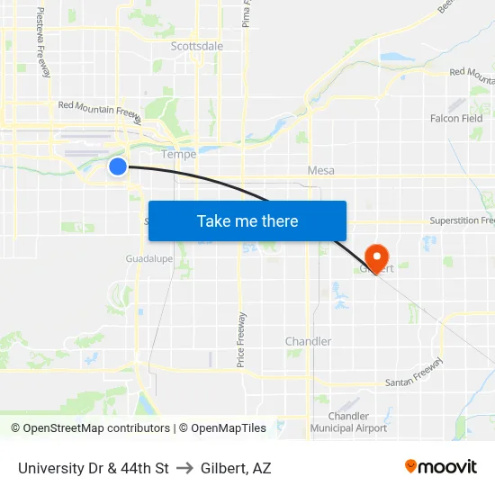 University Dr & 44th St to Gilbert, AZ map
