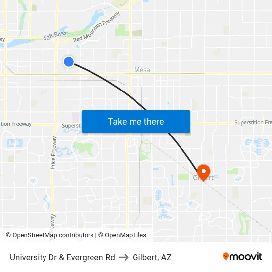 University Dr & Evergreen Rd to Gilbert, AZ map