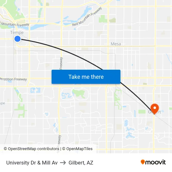 University Dr & Mill Av to Gilbert, AZ map