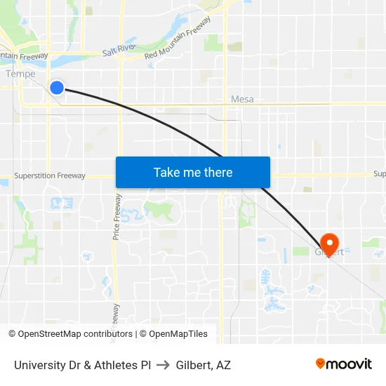University Dr & Athletes Pl to Gilbert, AZ map