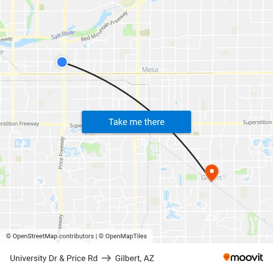 University Dr & Price Rd to Gilbert, AZ map