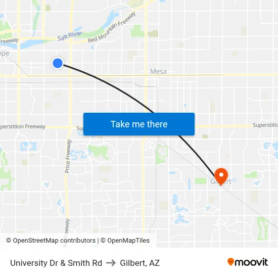 University Dr & Smith Rd to Gilbert, AZ map