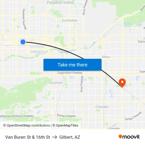 Van Buren St & 16th St to Gilbert, AZ map