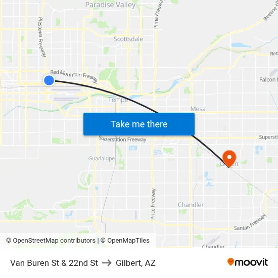 Van Buren St & 22nd St to Gilbert, AZ map