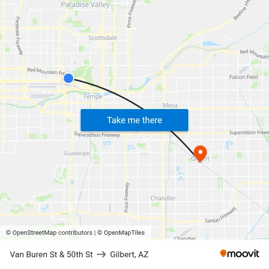 Van Buren St & 50th St to Gilbert, AZ map