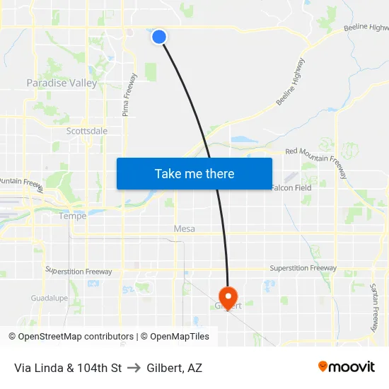 Via Linda & 104th St to Gilbert, AZ map