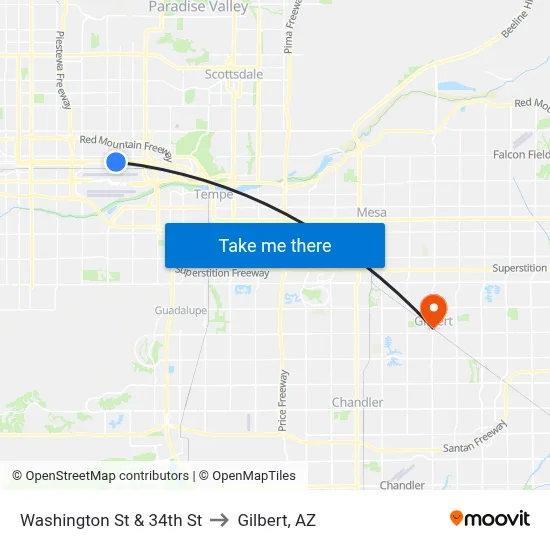 Washington St & 34th St to Gilbert, AZ map
