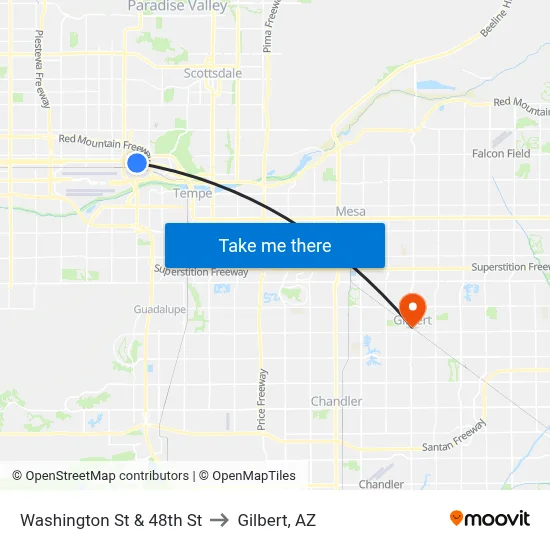 Washington St & 48th St to Gilbert, AZ map