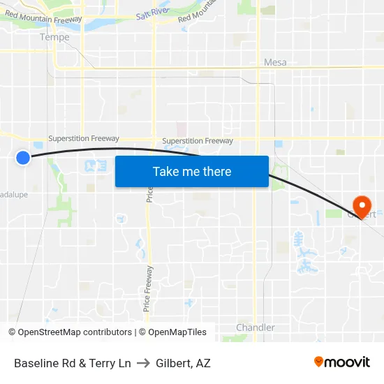 Baseline Rd & Terry Ln to Gilbert, AZ map