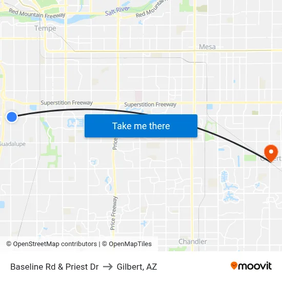 Baseline Rd & Priest Dr to Gilbert, AZ map