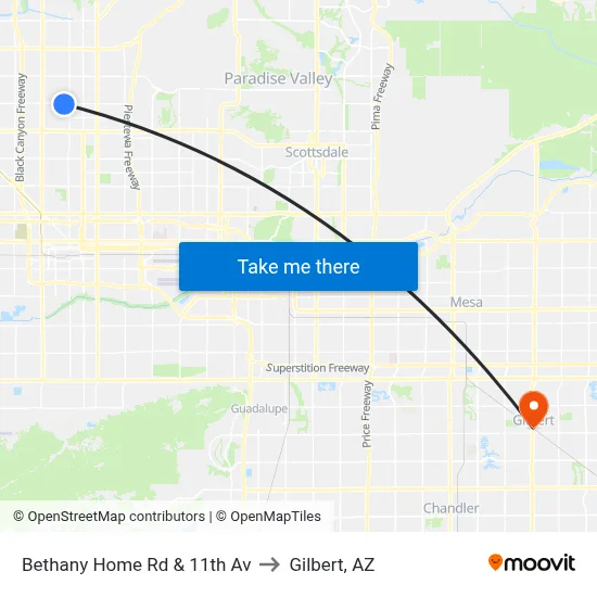 Bethany Home Rd & 11th Av to Gilbert, AZ map
