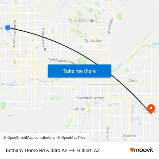 Bethany Home Rd & 33rd Av to Gilbert, AZ map