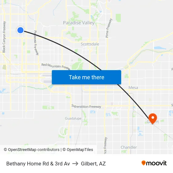 Bethany Home Rd & 3rd Av to Gilbert, AZ map