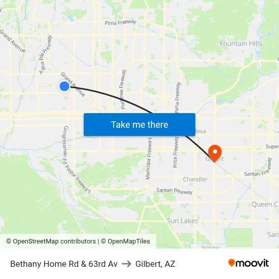 Bethany Home Rd & 63rd Av to Gilbert, AZ map
